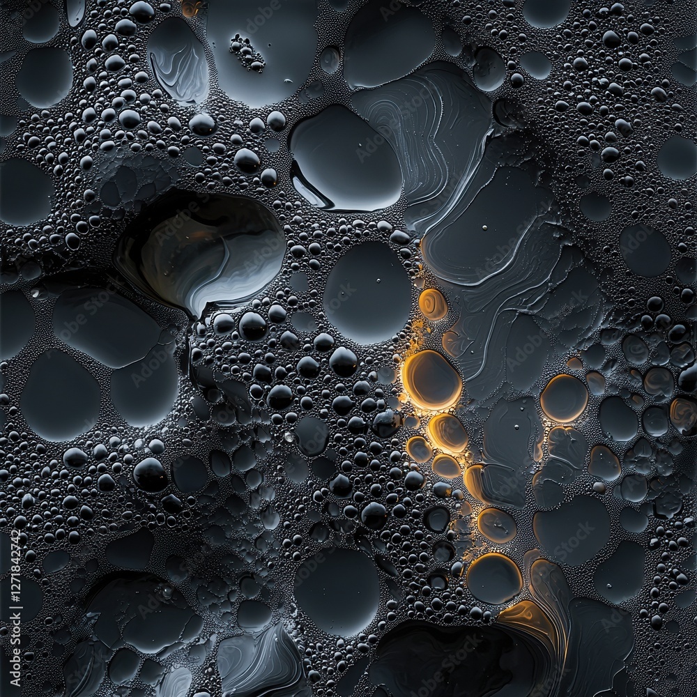 Poster the image is a close up of a black and orange liquid with many small bubbles