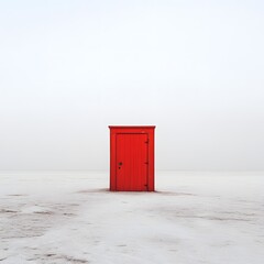 Solitary Red Door Stands Alone on Vast Barren Landscape