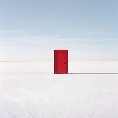 Solitary Red Door on Vast White Landscape