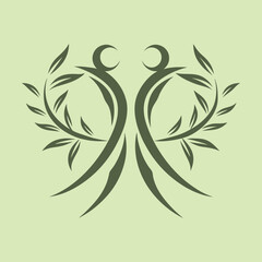 a mirrored logo featuring two brushstroke figures with intertwining leave