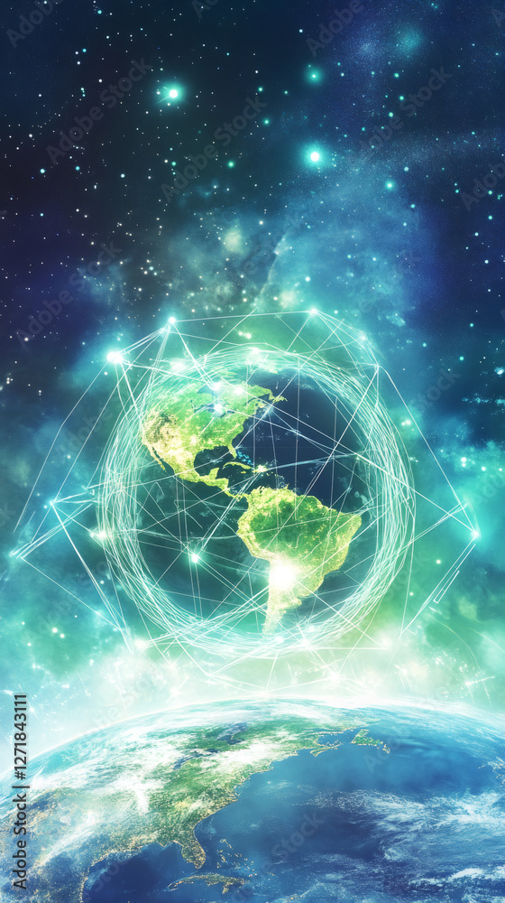 Aufkleber Global network connecting worldwide communication through interconnected digital planet visualization