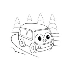 A penguin-shaped van sliding on an icy road for a fun coloring book