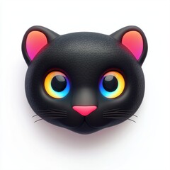 Black cat face emoji with vibrant blue and orange eyes on a white background showcasing playful digital design elements