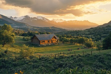 Obraz premium Mountain Cabin in Field