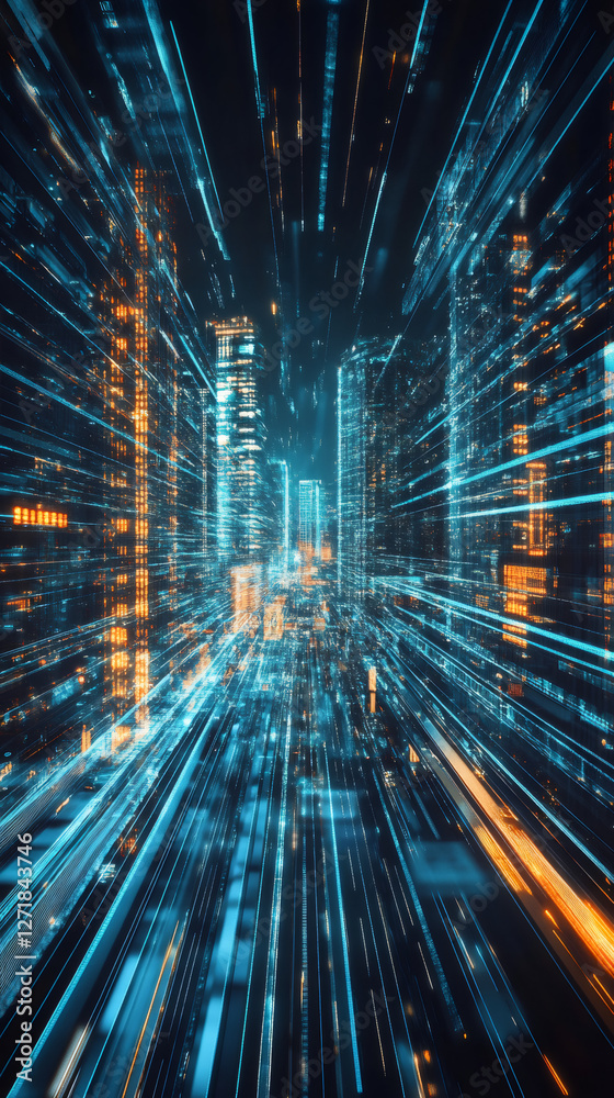 Poster Light trails and binary code flowing through futuristic cityscape, symbolizing data transmission and network connectivity in a smart city