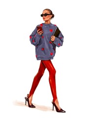 Beautiful fashion woman in sunglasses. Stylish girl walking. Fashion illustration 
