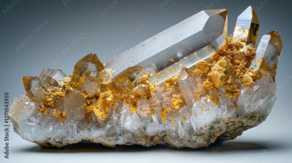 Fototapete a striking quartz crystal cluster stands out with several pointed formations and vivid golden pyrite