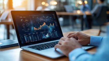  startup founder in a modern co-working space, laptop open with business strategy charts on screen, 