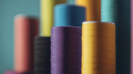 Colorful thread spools in minimalist arrangement close-up