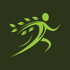 a running figure in green brushstrokes, with a trail of leaves flowing behind