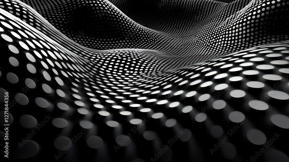 Poster a black and white image of a wave with many small dots