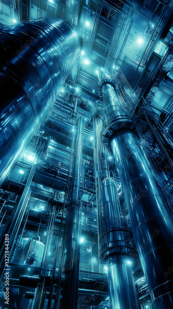 Poster Low angle view of shiny pipelines and reactors in an illuminated power station, creating a futuristic and industrial atmosphere