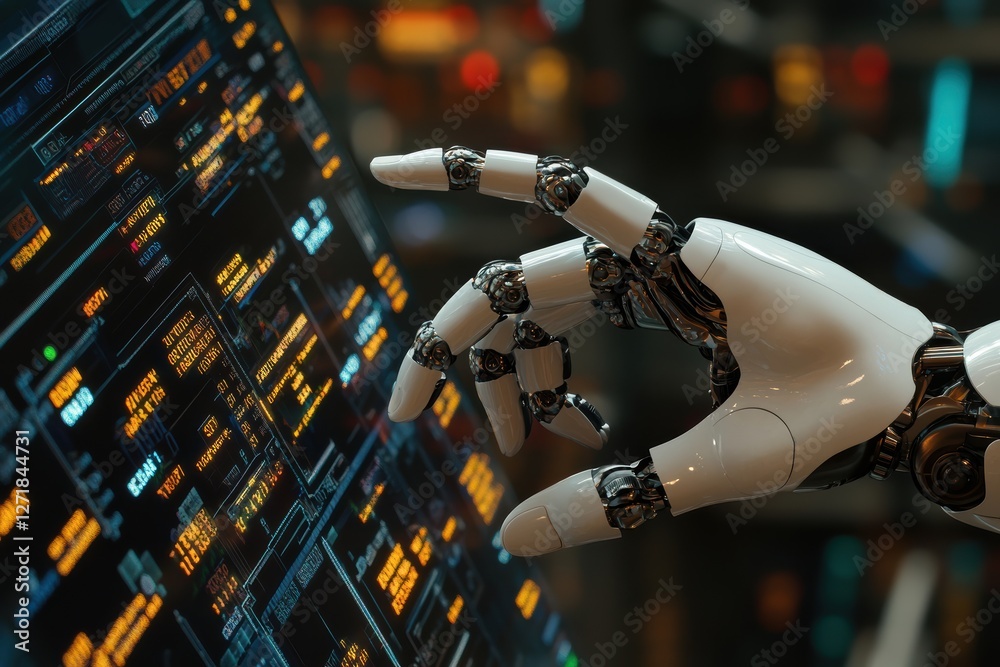 Poster Robot hand interacting with futuristic interface in a technological environment