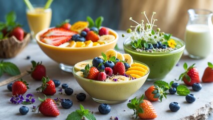 Colorful smoothie bowls with fresh fruits and edible flowers displayed on a marble countertop at a bright kitchen