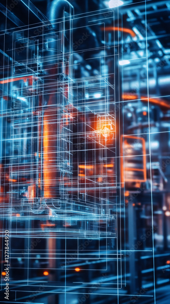 Poster holographic projection showing complex engineering design overlapping on industrial machinery, symbo