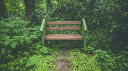 Secluded wooden bench in lush green garden