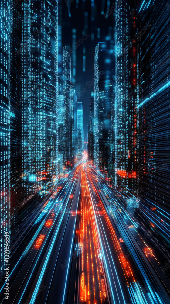 Fototapete Light trails and flowing binary code illuminate skyscrapers in a vibrant, futuristic cityscape, creating a dynamic night scene
