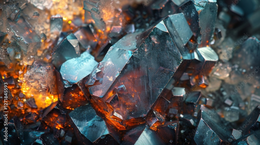 Poster The vibrant crystals shine with a mix of blues and oranges, showcasing intricate patterns and textures that reflect light beautifully in an abstract composition.