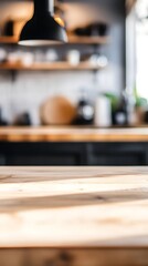 Stylish Wooden Table with Blurred Kitchen in the Background