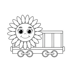 A sunflower shaped train car with smiling petals for kids to color.