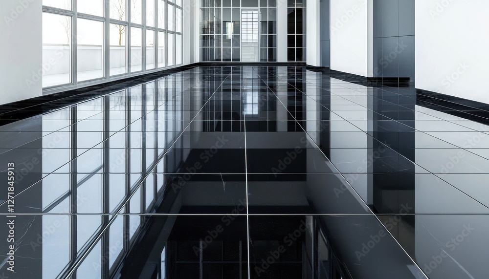 Poster a large room with a black tile floor and a lot of windows