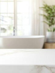 Fototapeta premium Bathroom scene featuring a counter in the foreground and a bathtub and window in the background