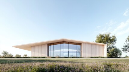 Obraz premium Modern wood building, open landscape, sunny day, architectural design