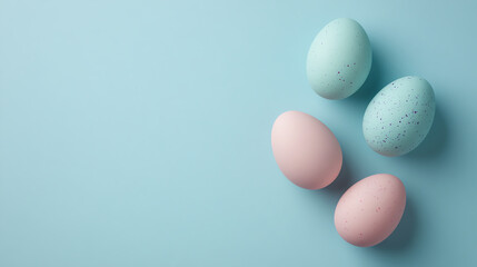 Pastel colored eggs arranged on a soft blue background.