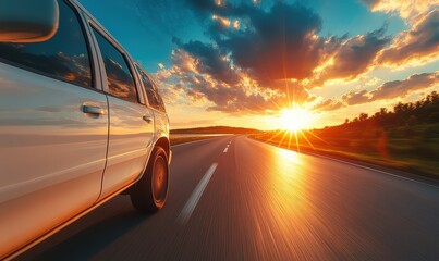 Obraz premium White suv car driving fast on a highway at sunset