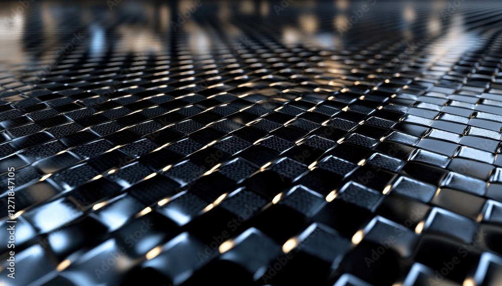 Poster A black and white image of a patterned surface with a metallic texture