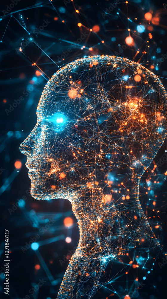Aufkleber Artificial intelligence forming a human head profile connected to a digital network visualized with glowing lines and dots