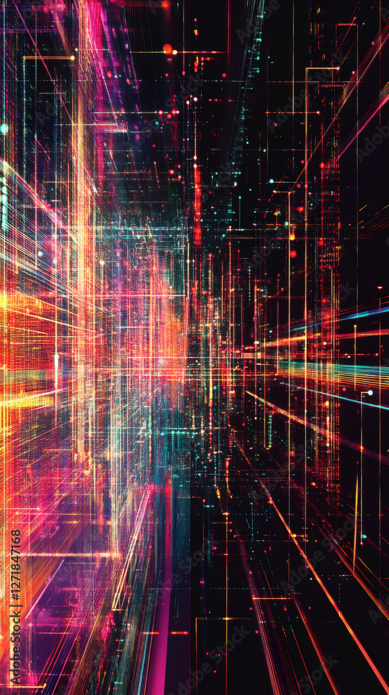 Poster Abstract digital city with glowing lines and particles representing data flow, technology and innovation