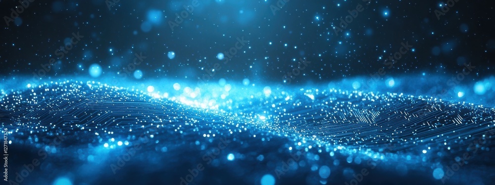 Poster futuristic blue circuit board generating glowing particles
