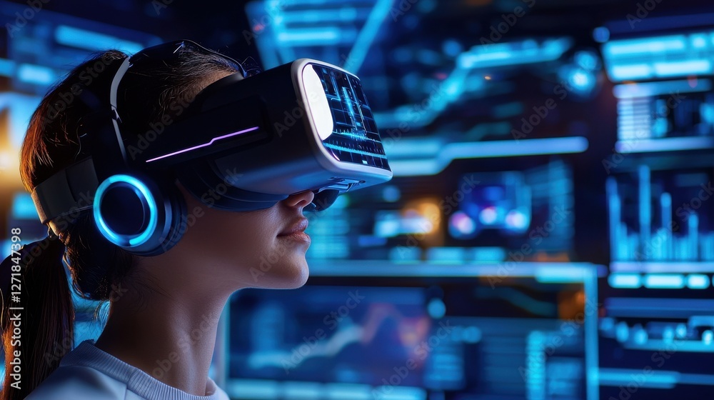Poster a woman wearing a virtual reality headset is looking at a computer screen with a