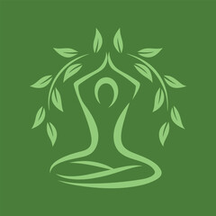 yoga pose figure in brushstrokes, surrounded by an aura of green leaves