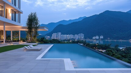 Fototapeta premium Modern pool terrace with lake view