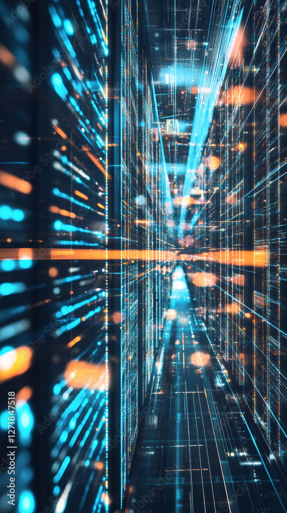 Fototapete Futuristic server room with digital information flows, representing big data processing and cloud computing