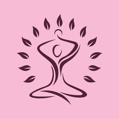 yoga pose figure in brushstrokes, surrounded by an aura of green leaves