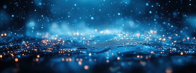 Futuristic blue data stream flowing with light particles