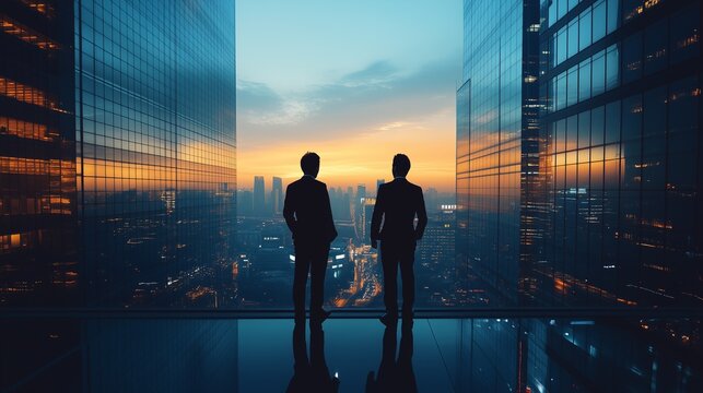 Errachidia's Skyline: Two Businessmen Stand Before a Modern Building in Errachidia, Morocco, Contrasting with the City's Traditional Architecture and the Vast Expanse of the Sahara Desert.

