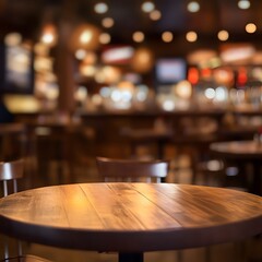 Fototapeta premium Cozy and Inviting Blurred Restaurant Interior with Wooden Table and Warm Lighting