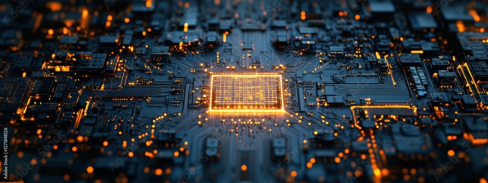 Poster cpu processing data on motherboard with orange lights