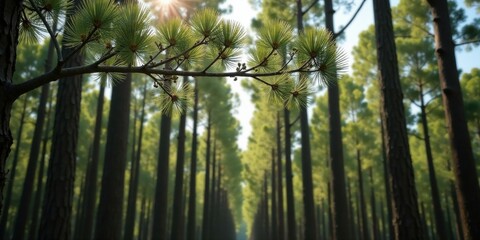 Fototapeta premium A sunlit pine branch extends over a path through a dense forest of tall, slender trees, creating a tranquil and serene atmosphere