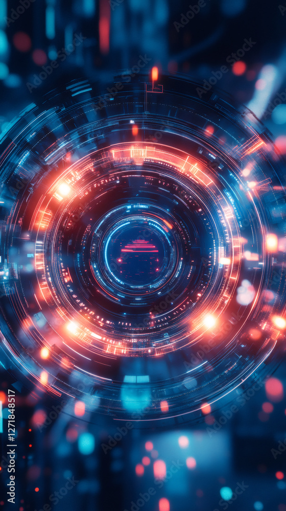 Poster circular hud element with red and blue lights spinning on digital background, perfect for technology