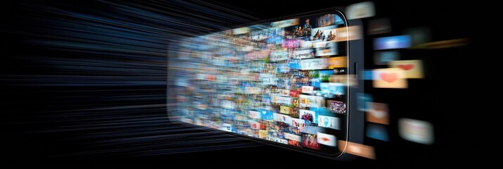 Digital content streams rapidly from a smartphone displaying various app icons and images against a dark background. Generative AI