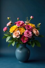 Fototapeta premium Vibrant bouquet of colorful roses and ranunculus arranged in a teal vase against a deep blue backdrop