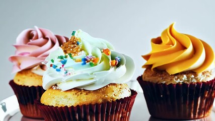 video of nice delicious cup of cakes arranged rotating stand highlighted professional studio lighting mouthwatering presentation
