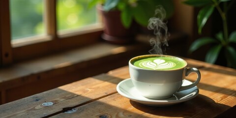 Aromatic Green Tea Latte with Delicate Foam Art on Wooden Table near Window with Sunlight