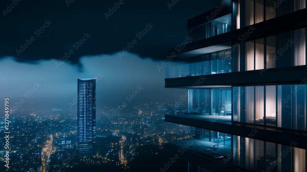 Poster modern skyscraper with illuminated windows overlooking a sprawling cityscape at night, with low clou