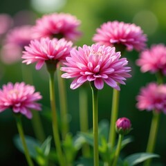 Obraz premium Pink chrysanthemum stems rise from the ground, rise, pink